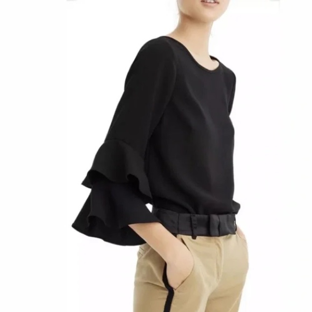 J. Crew Tiered Bell-Sleeve Top in Drapey Crepe - Size 10 - Black - NWT
